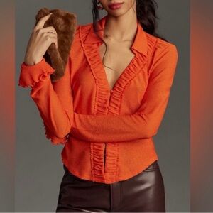 Anthropologie Textured Crepe Long Sleeve Buttondown Top Orange Ruffle M